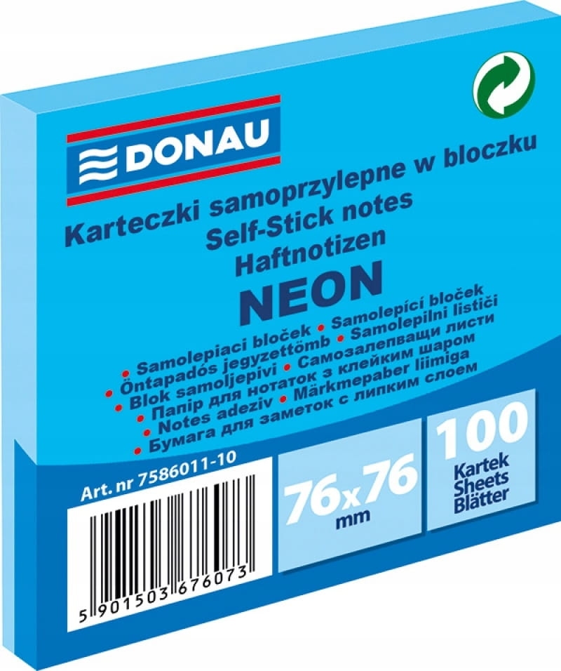 Notes Samoprzylepny Donau 76x76mm Niebieski Neon 