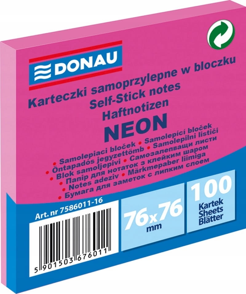 Notes Samoprzylepny Donau 76x76mm Różowy Neon