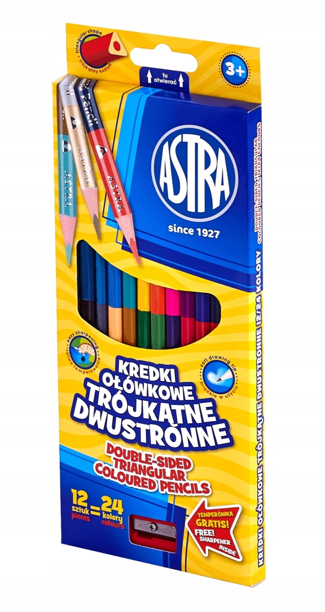 Kredki Ołówkowe Trójkątne Astra 12sztuk=24 Kolory Vision + Temperówka