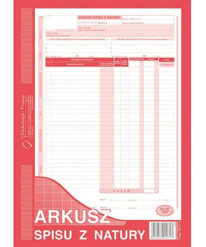 Druk Arkusz Spisu z Natury  341-1 A4