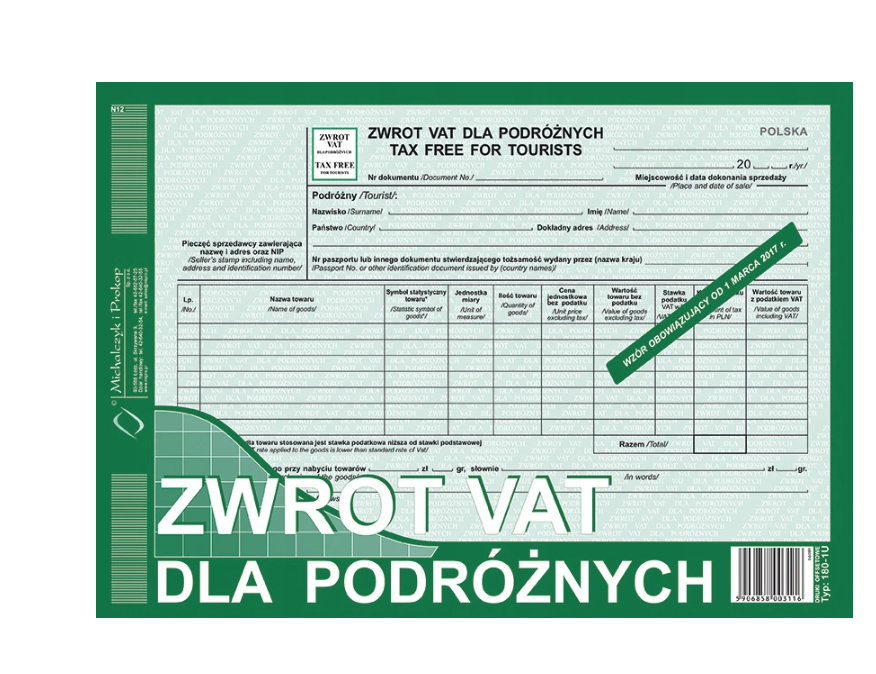 Druk Zwrot Vat dla Podróżnych  180-1U A4