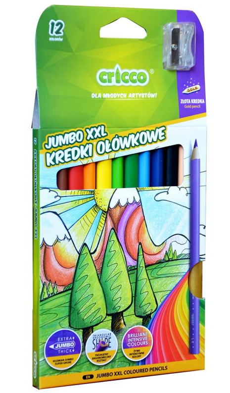 Kredki Ołówkowe Trójkątne Grube XXL Cricco 12 Kolorów + Temperówka