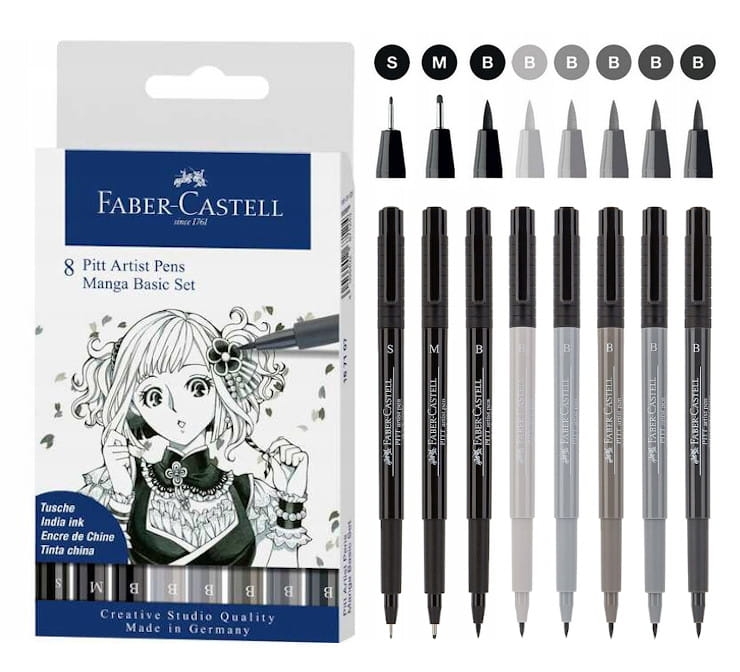 Cienkopisy Pitt Artist Pen Manga 8 sztuk Basic Etui Faber-Castell 