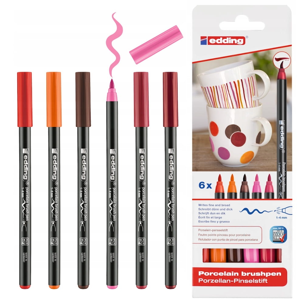 Pisaki Edding Do Ceramiki 1-4mm Z Końcówką Pędzelkową Etui 6 Kolorów Ciepłych
