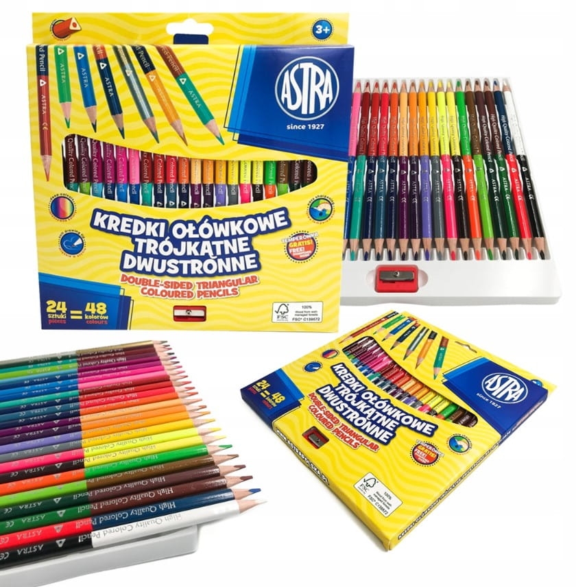 Kredki Ołówkowe Trójkątne Dwustronne Astra 24sztuki=48 Kolorów 