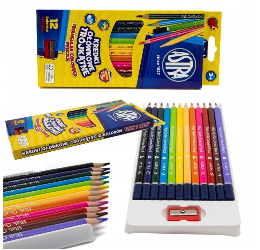 Kredki Ołówkowe Trójkątne Astra 12 Kolorów + Temperówka