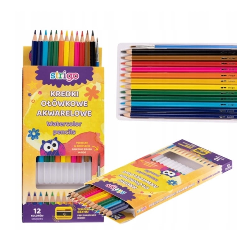 Kredki Ołówkowe Akwarelowe 12 Kolorów + Temperówka + Pędzelek Strigo SSC112