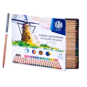 Kredki Ołówkowe Drewno Cedrowe Astra 24 Kolory Opakowanie Metalowe 