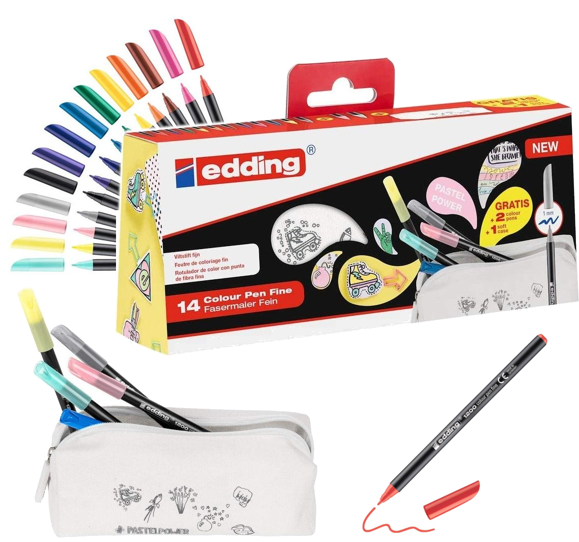 Piórnik z Pisakami E-1200 14 Kolorów 12 Podstawowych+2 Pastele w Bawełnianym Piórniku