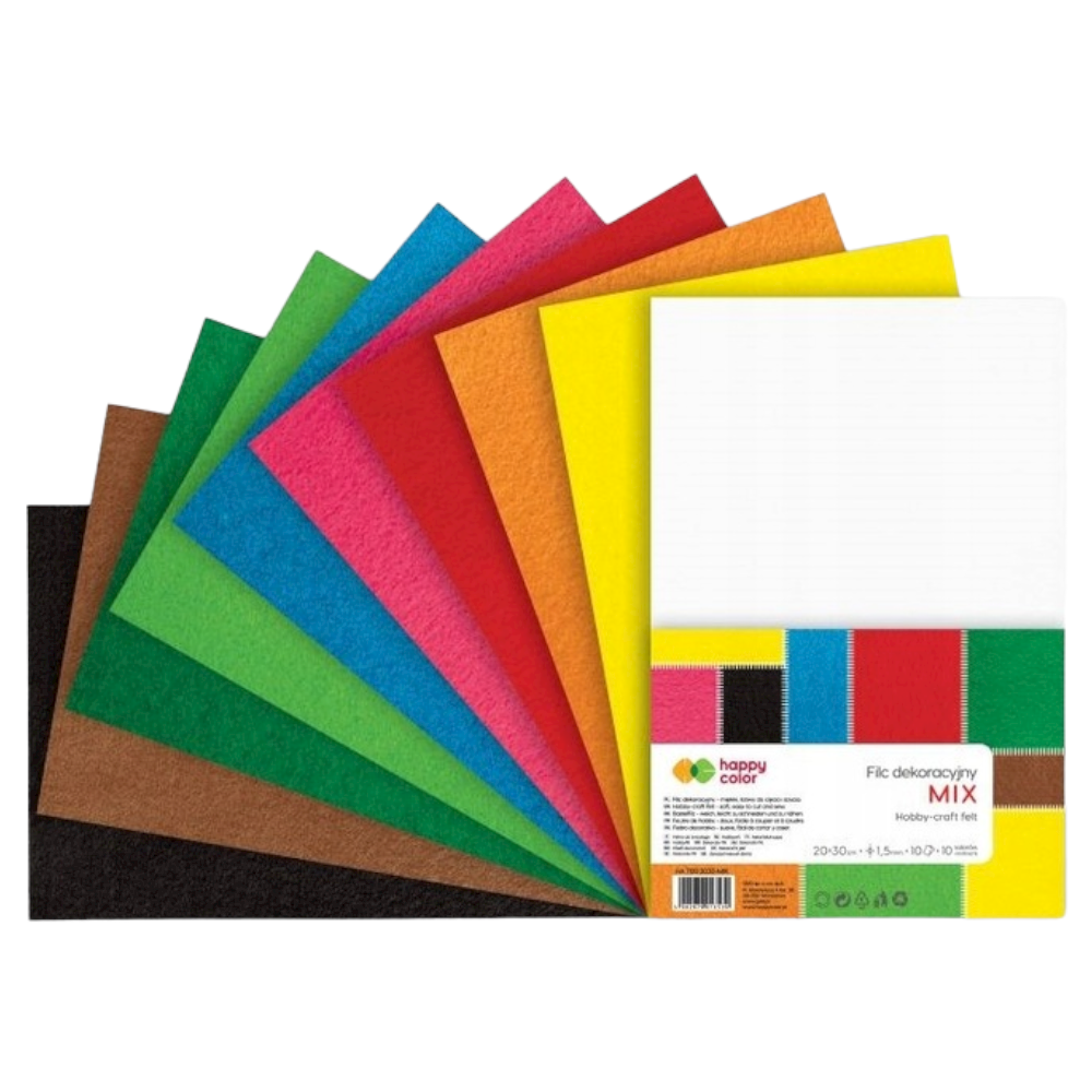 Filc Dekoracyjny 20x30cm, 1,5mm /10ark/ Mix Kolorów Happy Color
