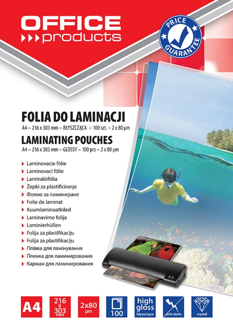 Folia Do Laminowania Office Products A4 80mikr Błyszcząca Transparentna 