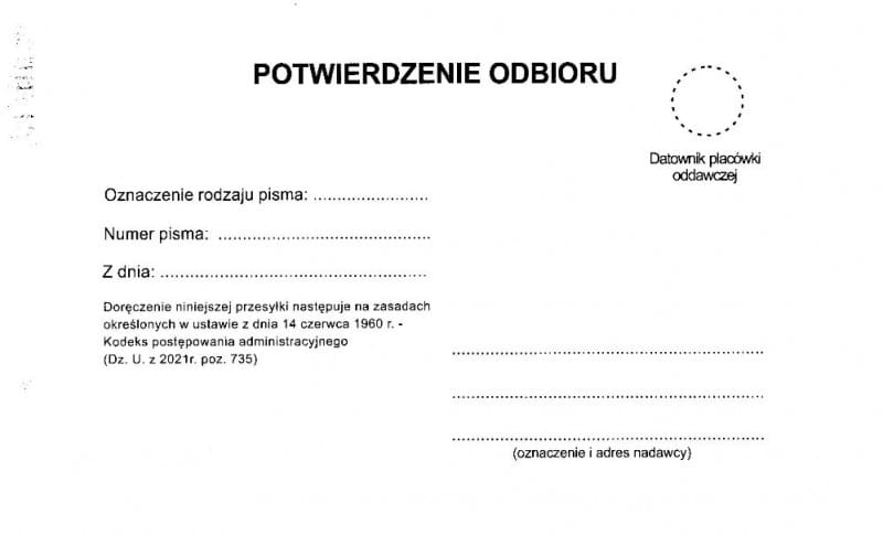 Druk Zwrotne Potwierdzenie Odbioru Na Zasadach KPA