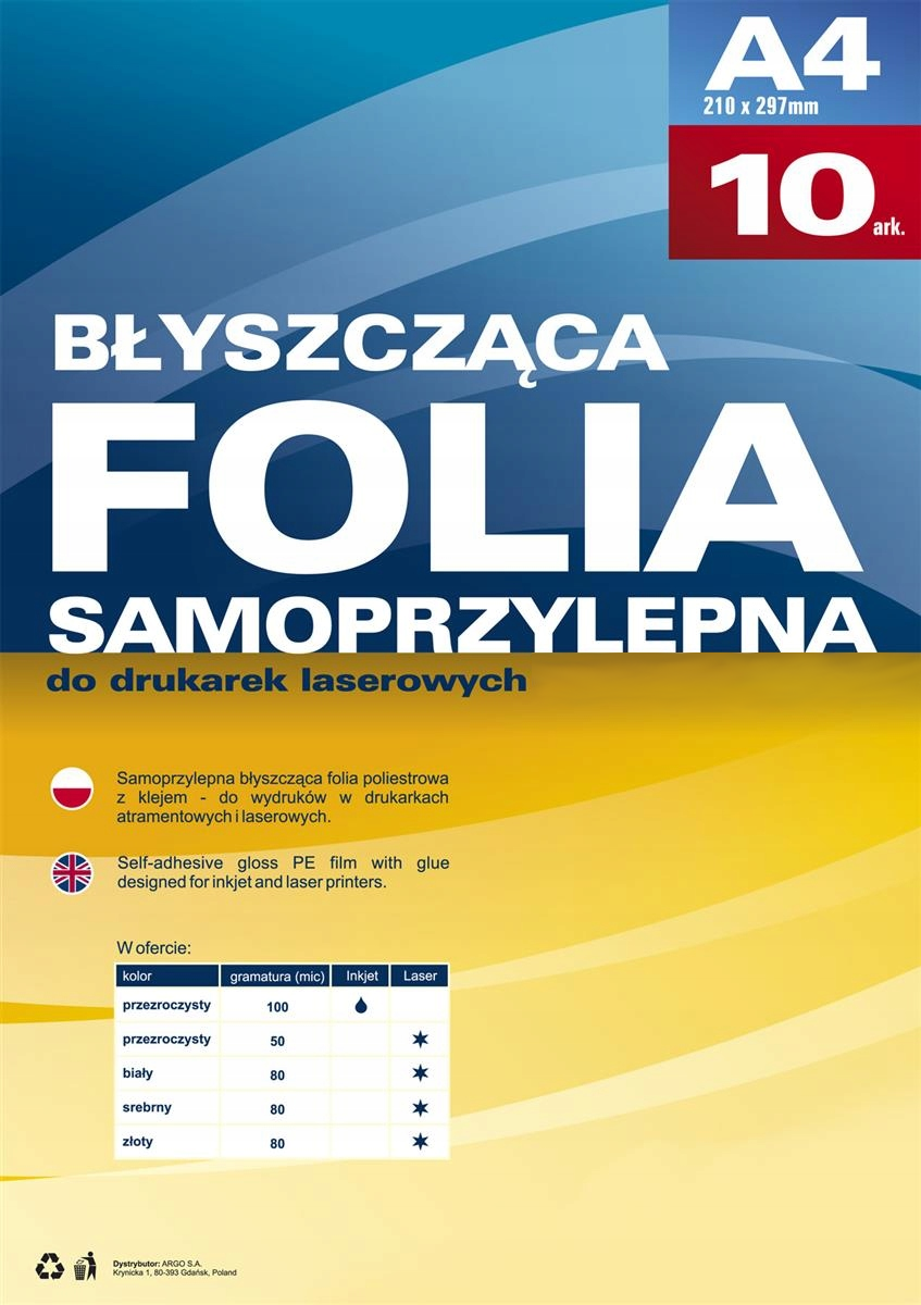 Folia Samoprzylepna Do Drukarek Laserowych A4 10 sztuk Argo Przeźroczysta