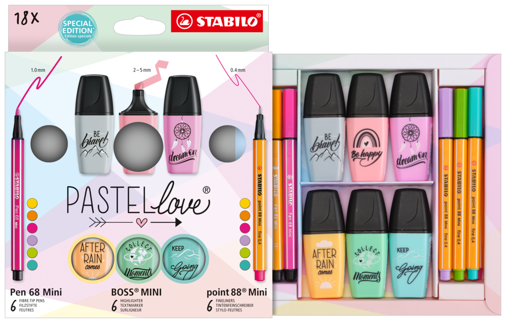 Zestaw Cienkopis STABILO point mini/Flamaster STABILO Pen 68 Mini/zakreślacz BOSS Mini Pastellove 2.0 - etui 18 szt 77/5-8-5
