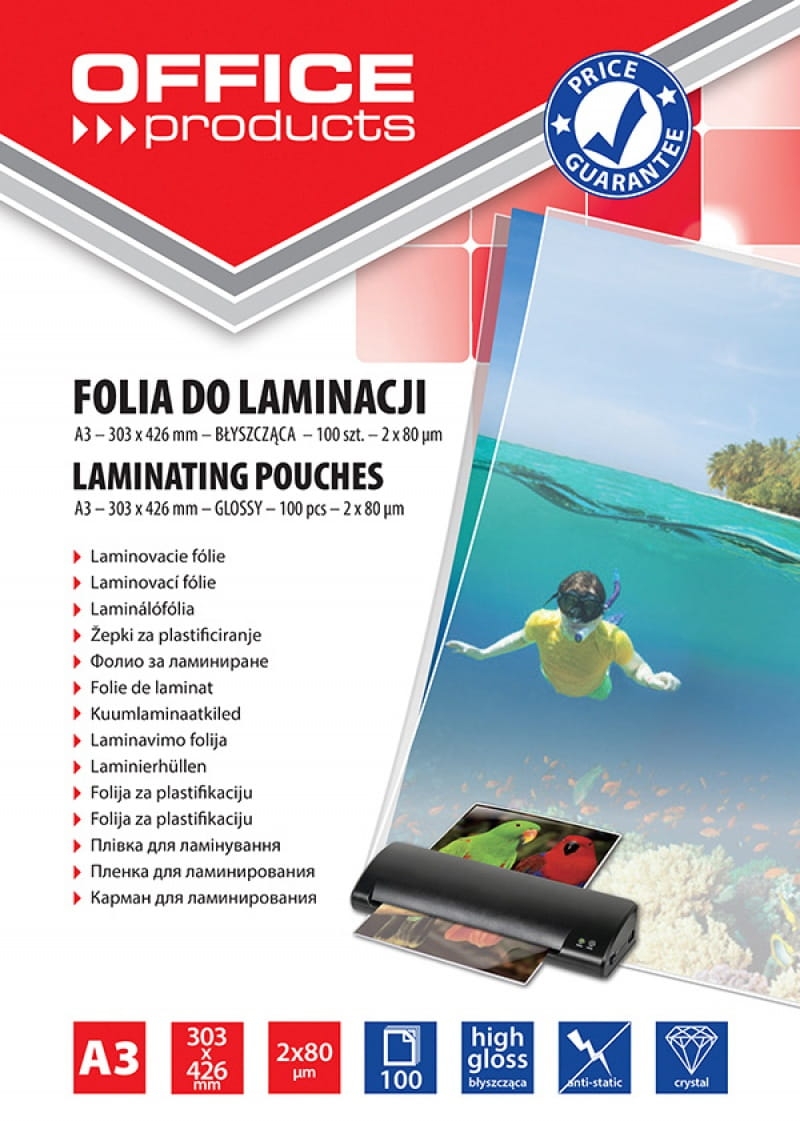 Folia do laminowania OFFICE PRODUCTS, A3, 2x80mic błyszcząca, 100szt., transparentna