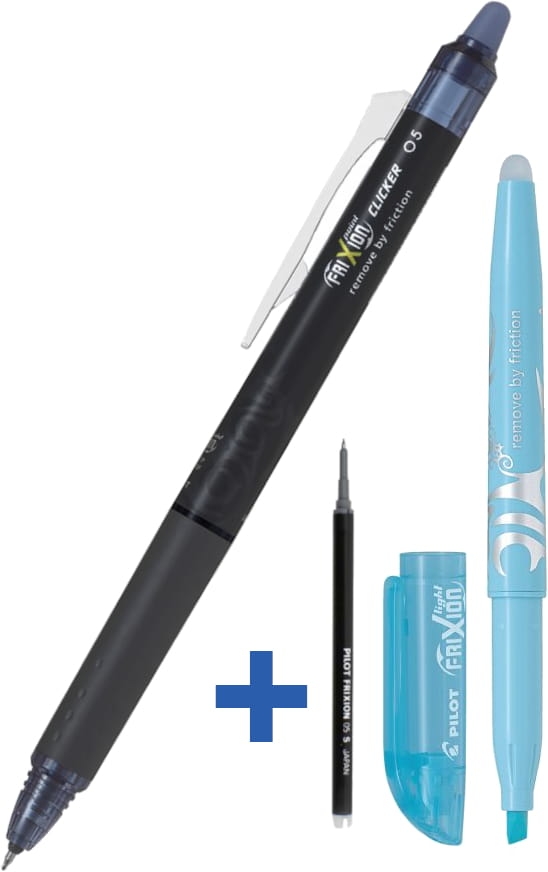 Długopis Pilot Frixion Cliker  0,5 Granatowy + Wkład Granatowy + Zakreślacz Frixion (Kolor losowy) ZESTAW