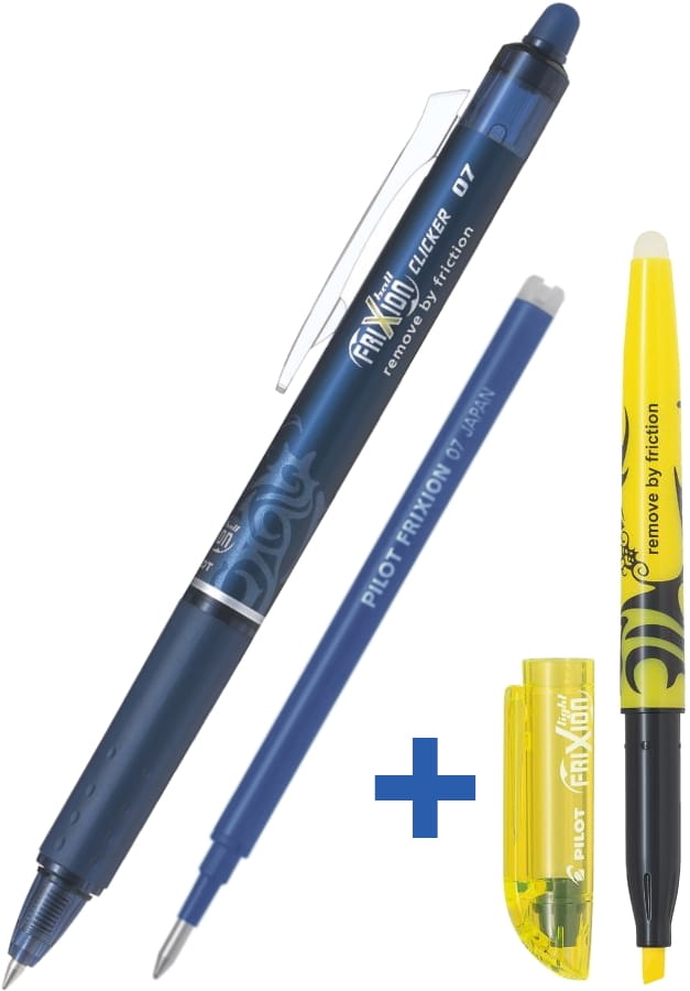 Długopis Pilot Frixion Cliker 0,7 Granatowy + Wkład Frixion Granatowy + Zakreślacz Frixion (Kolor losowy) ZESTAW