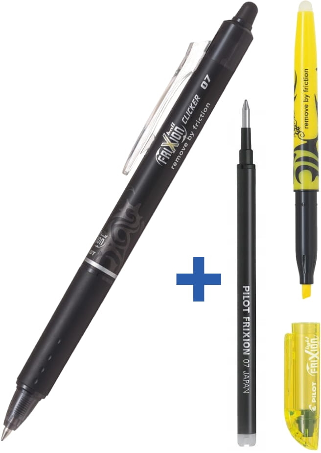 Długopis Pilot Frixion Cliker Czarny + Wkład Frixion Czarny + Zakreślacz Frixion (Kolor losowy) ZESTAW