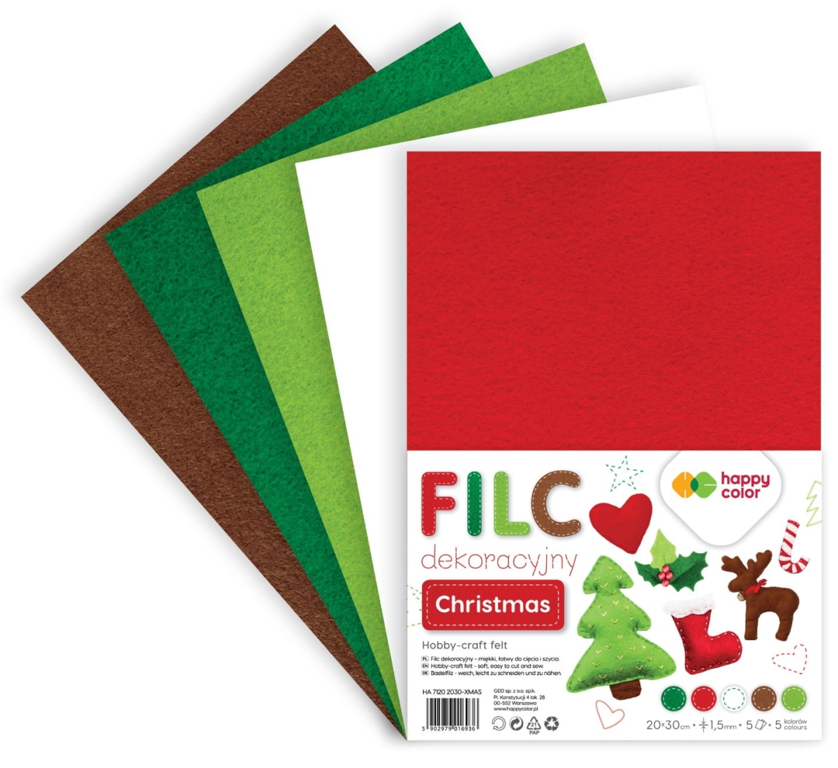 Filc Dekoracyjny 20x30cm, 1,5mm /5ark/ Christmas Happy Color HA 7120 2030-XMAS