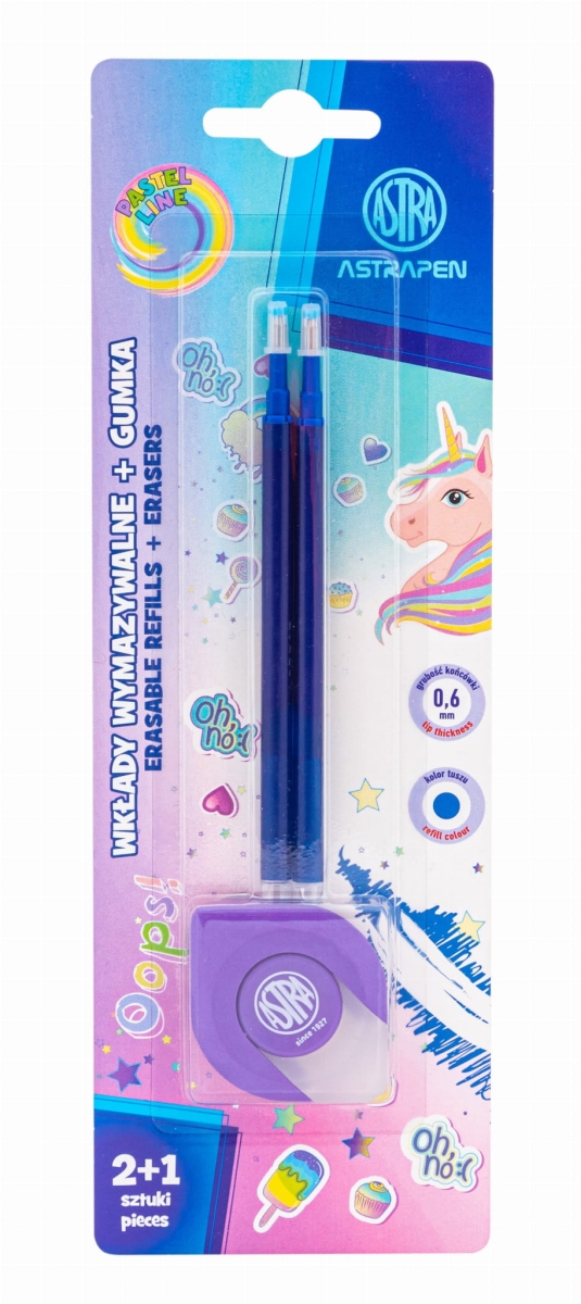 Zestaw 2x Wkład Wymazywalny Niebieski Oops! 0,6mm + Gumka 2w1 Astra UNICORN 209023904
