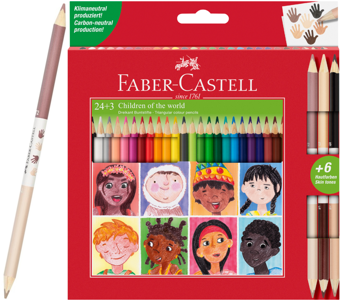 Kredki Trójkątne Children Of The World 24 Kolorów + 3 Kredki Dwustronne W Odcieniach Skóry Faber-Castell 511515 FC