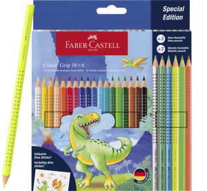 Kredki Grip 2001 Edycja Dinozaury 18 Kolorów Standardowych + 6 Kolorów Metalicznych + Naklejki Faber-Castell 201546 FC