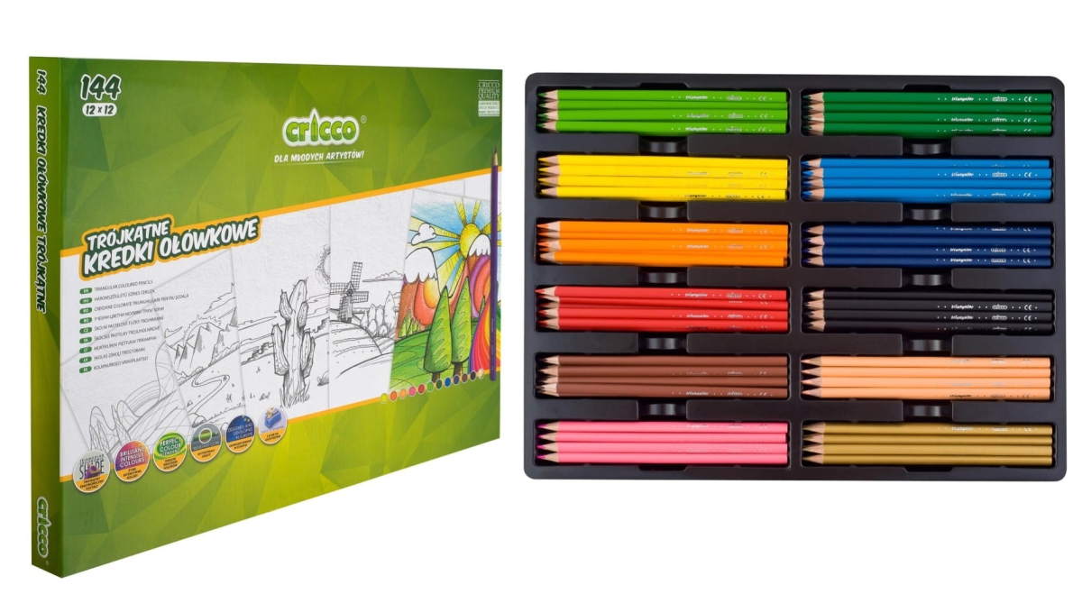 Kredki Cricco Trójkątne 12x12 Kolorów Zestaw Szkolny CR322BOX144