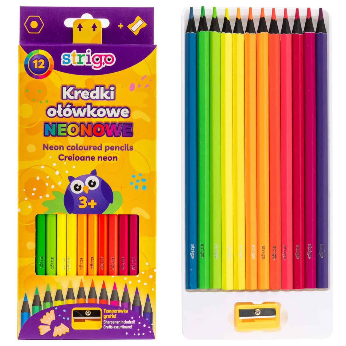 Kredki Ołówkowe Trójkątne Hexagonalne Neonowe 12 Sztuk + Temperówka Strigo SSC117