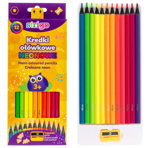 Kredki Ołówkowe Trójkątne Hexagonalne Neonowe 12 Sztuk + Temperówka Strigo SSC117