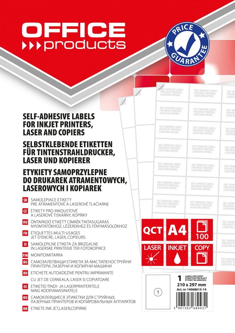 Etykiety Samoprzylepne Office Products 210x297mm 100 Arkuszy Białe