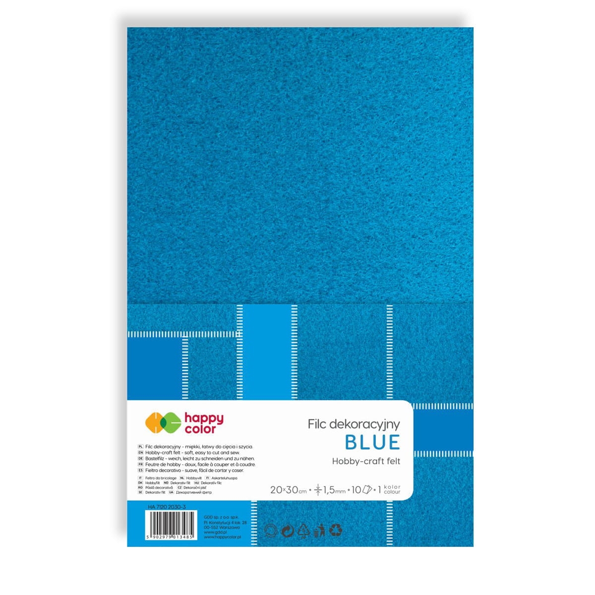 Filc Dekoracyjny 20x30cm, 1,5mm 10 Arkuszy Niebieski Happy Color