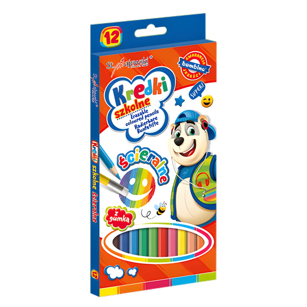 Kredki Szkolne Ścieralne 12 Kolorów ZWIERZAKI UCZNIAKI Bambino