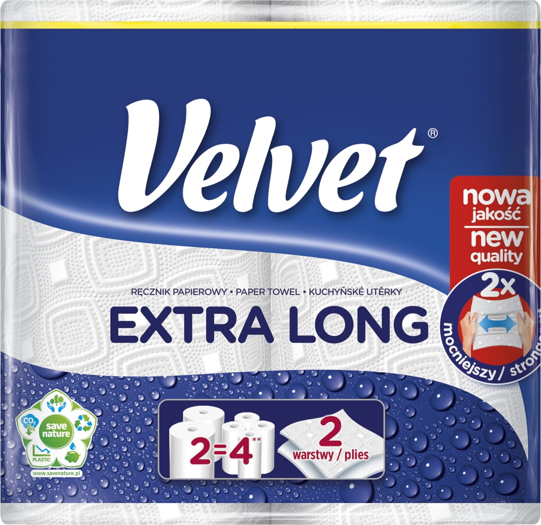 Ręczniki w roli celulozowe VELVET Najdłuższy, 2-warstwowe, 90 listków, 2szt., białe 100% Celuloza VLK-5110082