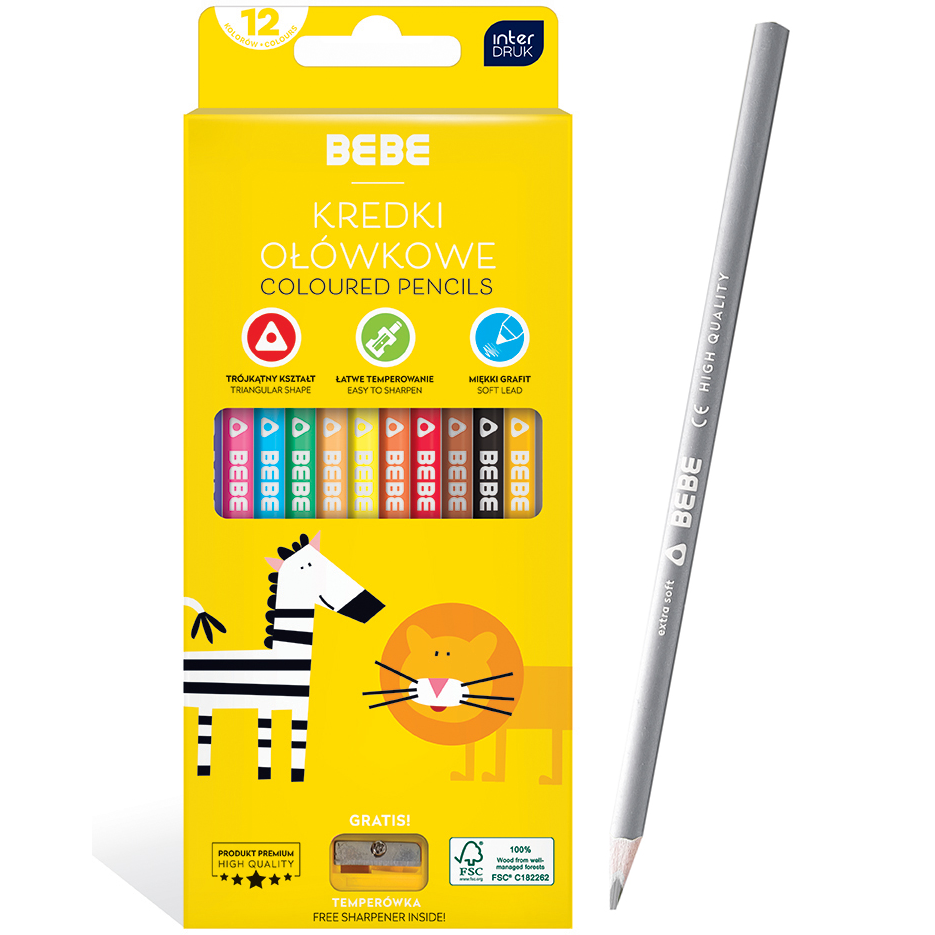 Kredki Ołówkowe Trójkątne Z Temperówką 12 Kolorów BB Kids Interdruk