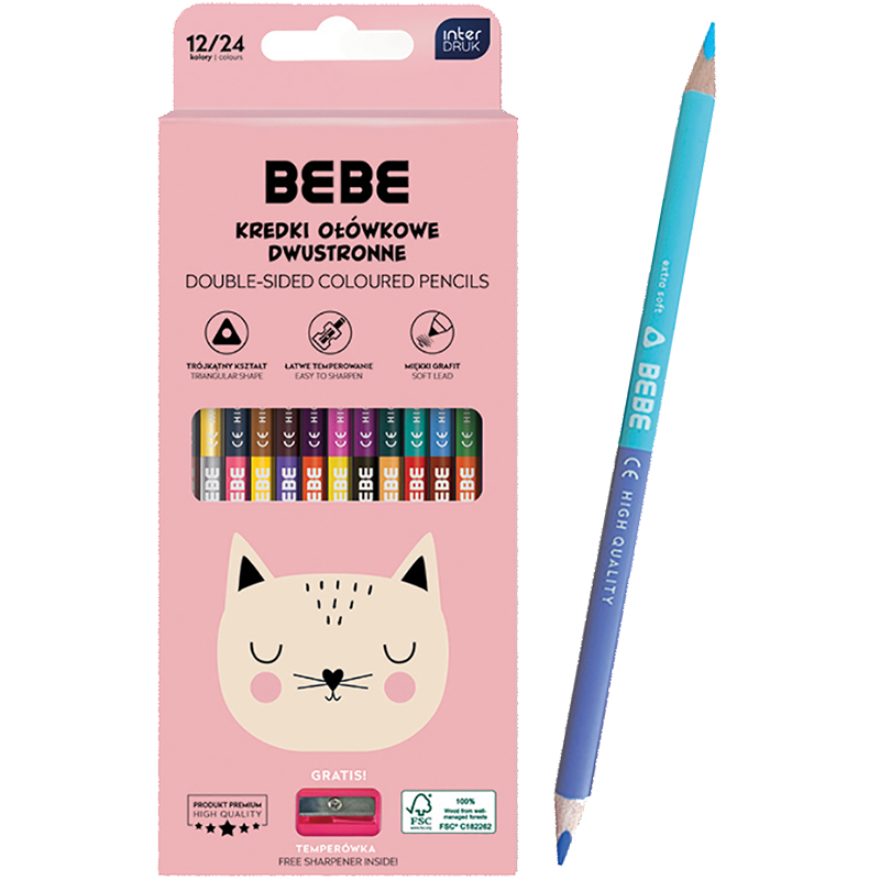 Kredki Ołówkowe Trójkątne Dwustronne 12 Sztuk 24 Kolory BB Kids Interdruk