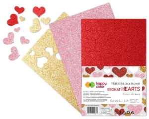 Naklejki Serca Brokatowe A5 3 Arkusze Czerwony/Złoty/Różowy Happy Color