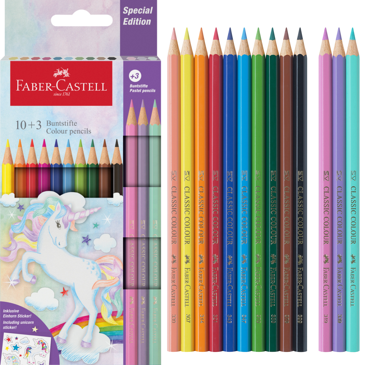 Kredki Ołówkowe Sześciokątne Jednorożec 13 Kolorów + Naklejki Faber-Castell