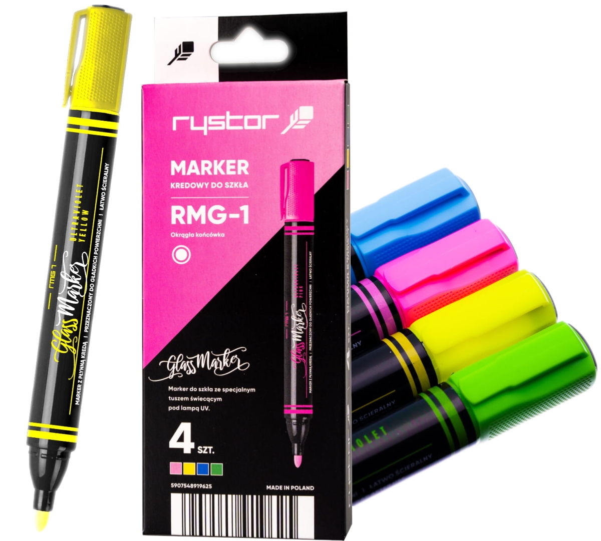 Marker Kredowy Rystor RMG-1 UV Do Szkła Świeciący RMG-1 Etui 4 kolory