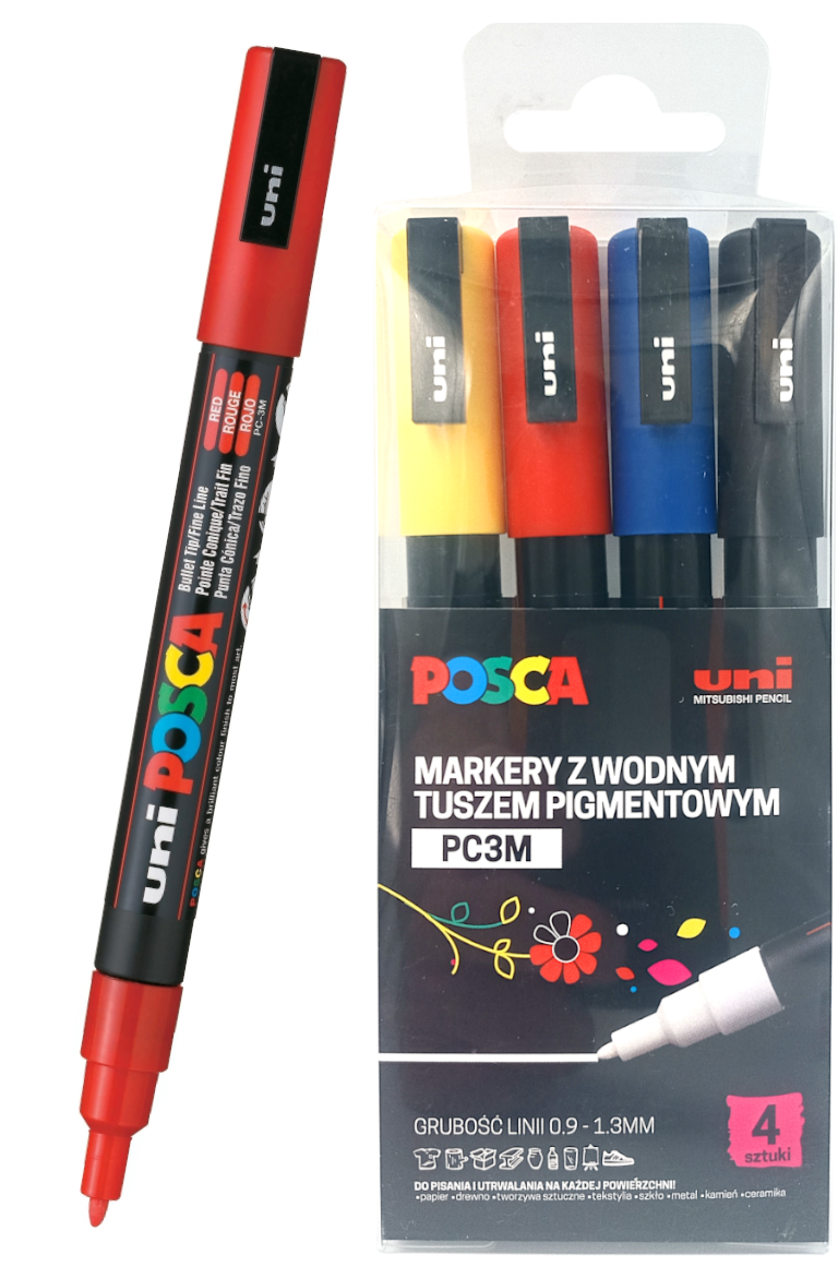 Marker Akrylowe z Farbą Plakatową POSCA UNI PC-3M 4 Kolory Etui