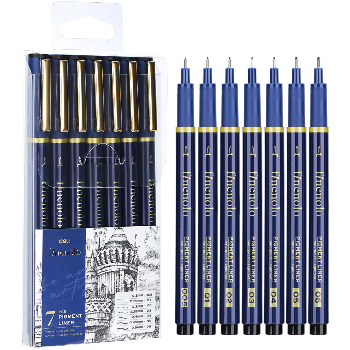 Cienkopisy Kreślarskie Deli Finenolo Zestaw 7 Sztuk Czarne Różne Grubości