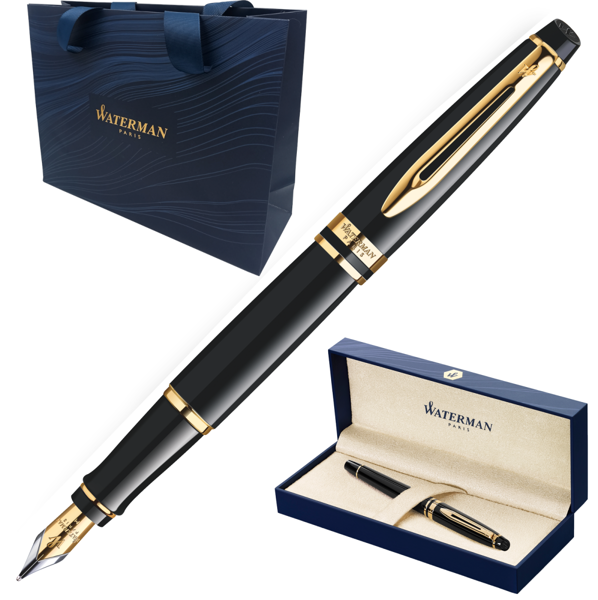 Pióro Wieczne Waterman Expert Szerokie Czarne Pozłacane + Etui + Torebka