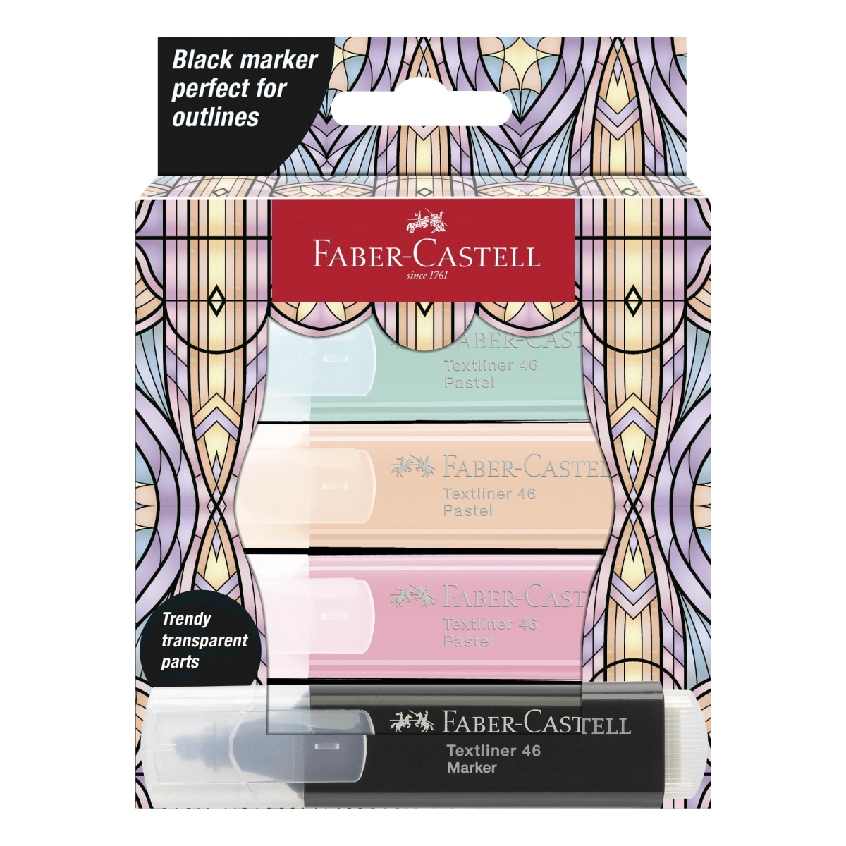 Zakreślacze Faber-Castell Glassy 3 Pastelowe + 1 Czarny W Kartonowym Etui