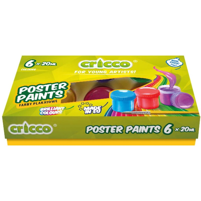 Farby Plakatowe Szkolne Cricco 20ml 6 Kolorów Do Szkoły i Zabawy