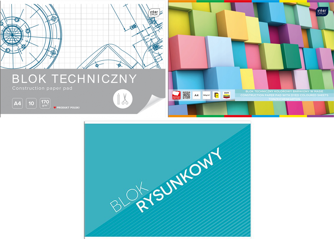 Zestaw Bloków Technicznych + Rysunkowych A4 Interdruk 3 Sztuki Komplet