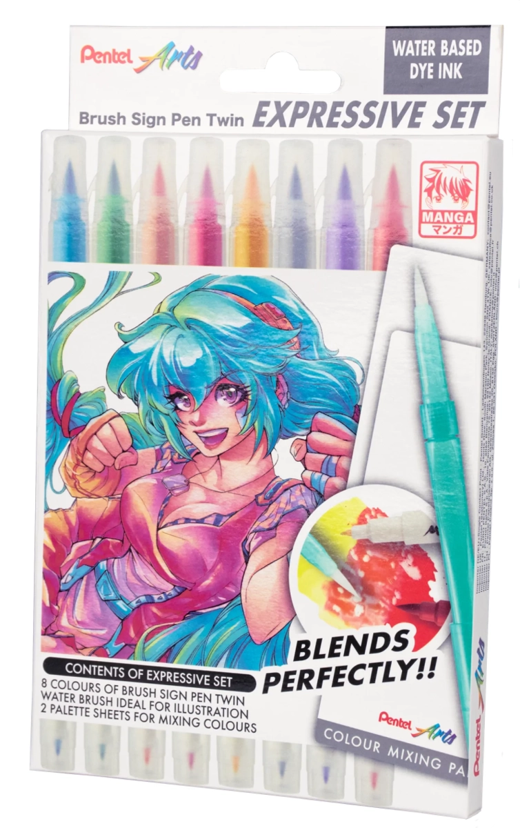 Pisaki Pędzelkowe Brushe Pentel Manga 9 sztuk + Pędzelek SESW30C-ST8MGPL