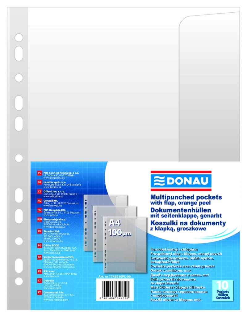 Koszulki Z Klapką A4 Donau 100 micron 10 Sztuk Wpinane do Segregatora