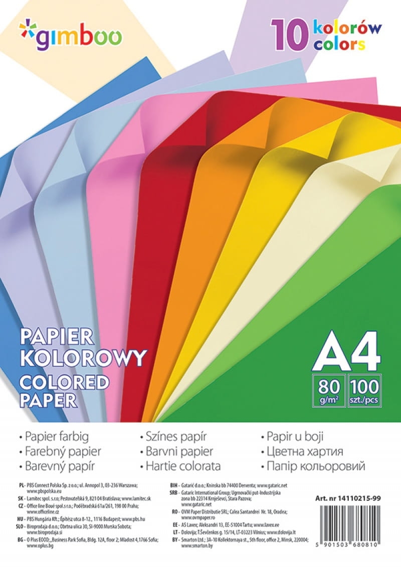 Papier Ksero Rysunkowy A4 Gimboo 100 Arkuszy 80g 10 Kolorów Neonowych