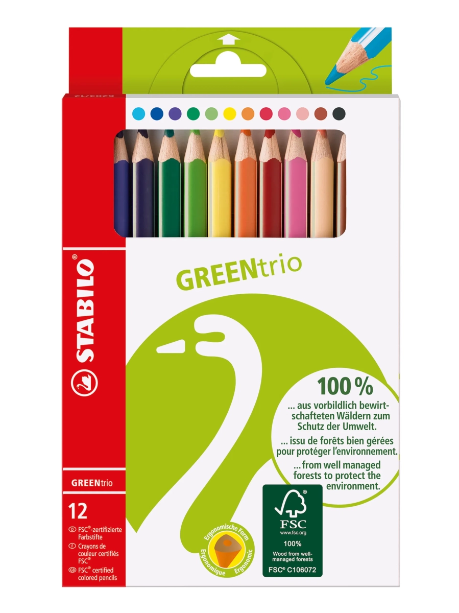 Kredki Trójkątne Ołówkowe Drewniane Stabilo GREENtrio 12 Kolorów 6203/12