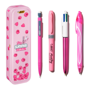 Zestaw Piśmienniczy Różowy BIC Ołówek Długopisy Zakreślacz W Metalowym Etui
