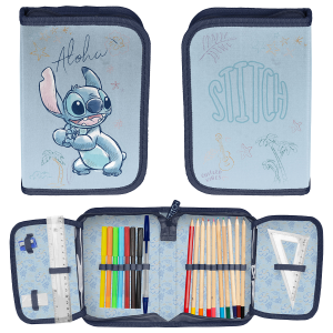 Piórnik Szkolny Z Wyposażeniem Dwie Klapy Niebieski Stitch Aloha Paso